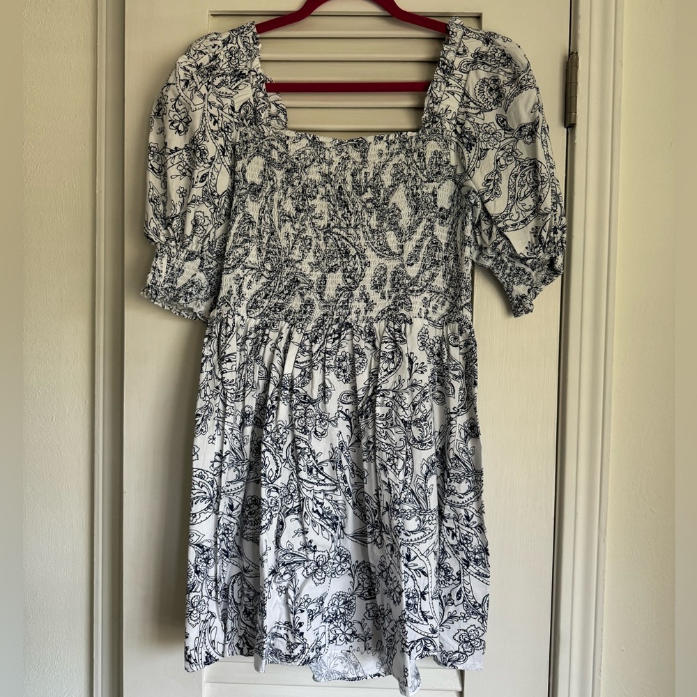 1. State Navy and White Ruched Smocked Dress